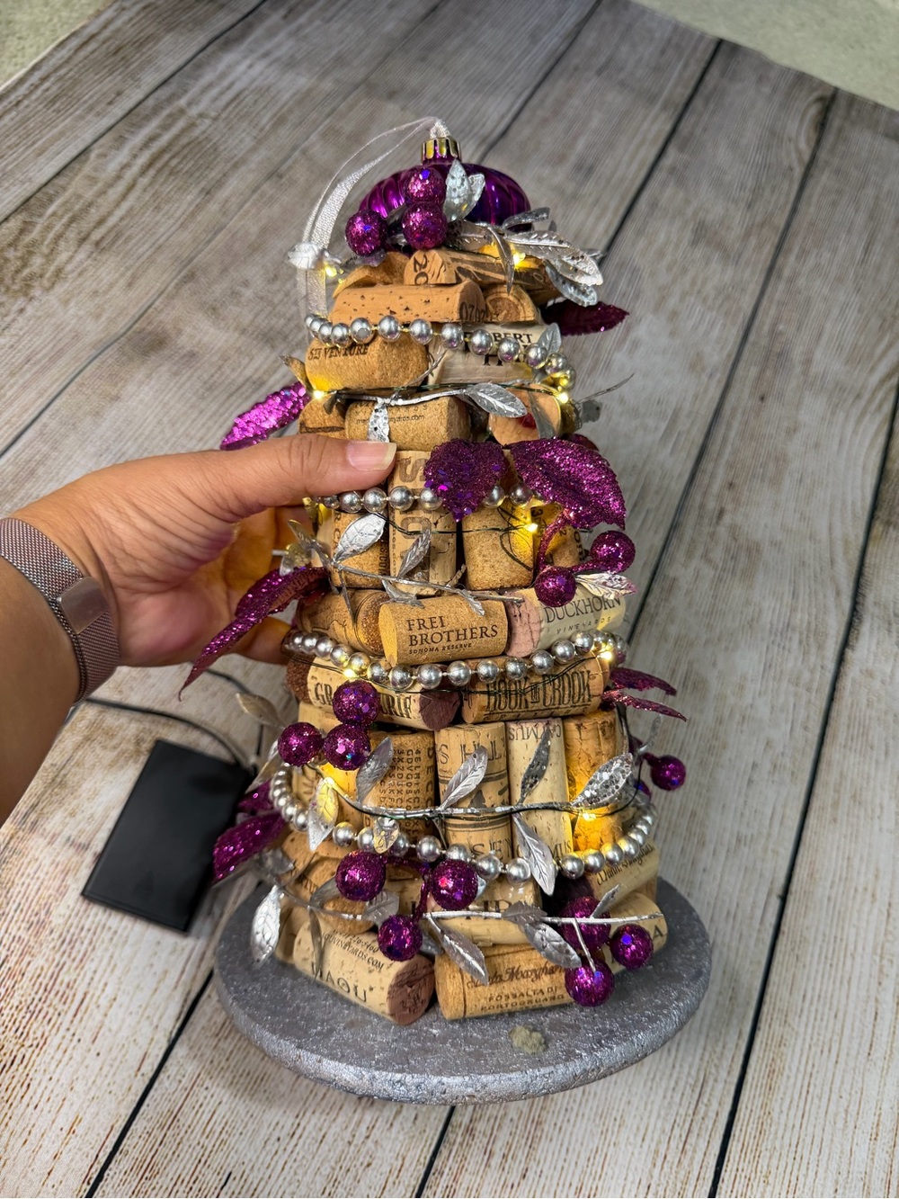 Hand-Crafted Wine Cork Christmas Tree with Warm White LED Lights Purple Accents